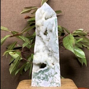 682g Natural Druzy Moss Agate Tower Quartz Obelisk Crystal Wand Point Healing